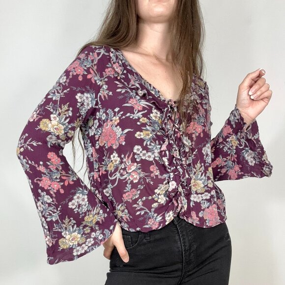 *American Eagle Floral Blouse Shirt Purple Flowy Long Sleeve - Picture 1 of 7